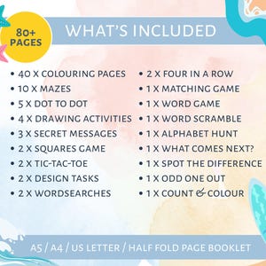 May include: A colorful booklet cover with the text "WHAT'S INCLUDED" and a list of activities, including coloring pages, mazes, and games. The cover also features starfish and surfboards. The booklet has over 80 pages.