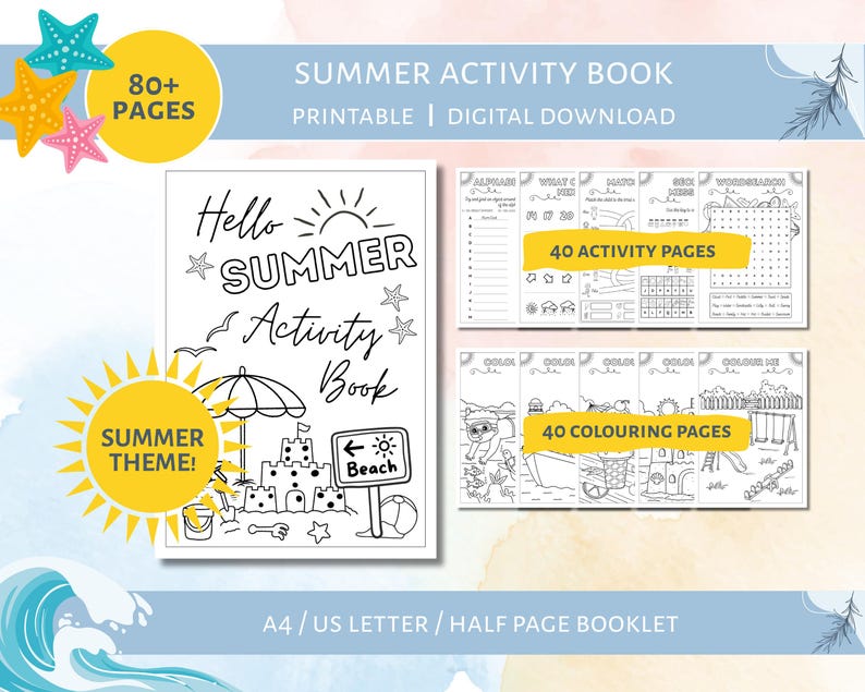 May include: A printable summer activity book with over 80 pages, featuring a beach theme. The cover says "Hello Summer Activity Book" with illustrations of a sun, sandcastle, and beach sign. Includes 40 activity and 40 coloring pages.
