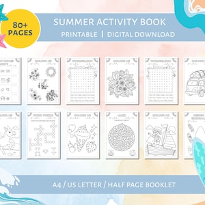 May include: A printable summer activity book with over 80 pages. The cover features colorful starfish and the text "Summer Activity Book." Inside, there are coloring pages, word puzzles, mazes, and other fun activities. The booklet is A4/US Letter size.