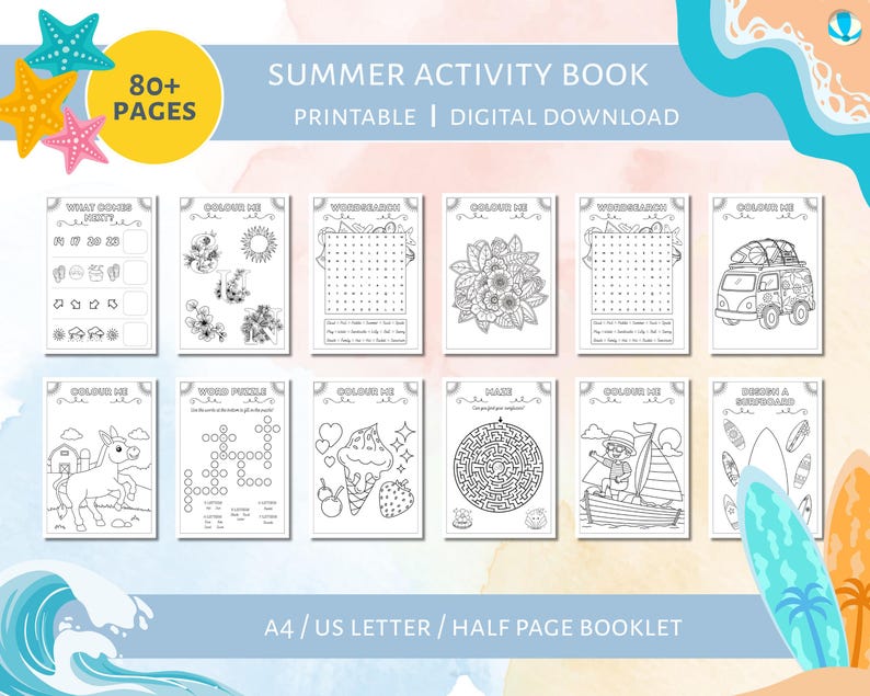 May include: A printable summer activity book with over 80 pages. The cover features colorful starfish and the text "Summer Activity Book." Inside, there are coloring pages, word puzzles, mazes, and other fun activities. The booklet is A4/US Letter size.