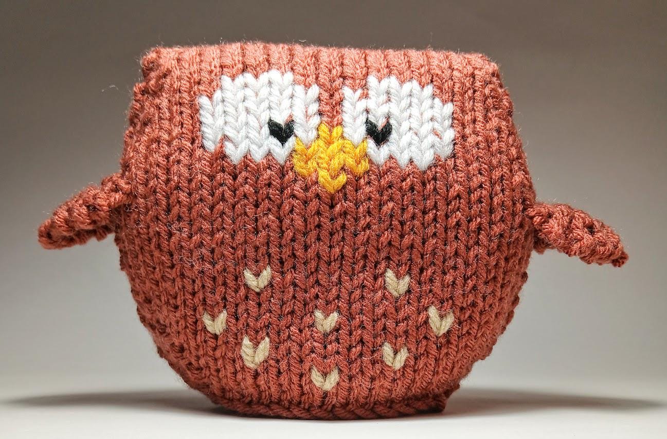 Stuffed Owl Toy Hand-Knit in Brown, Baby Gift, Soft Toy Animal, Baby Rattle