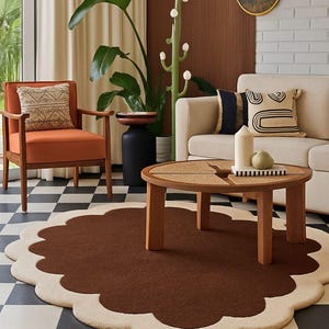 Hand Tufted Wool Scalloped Rug: Modern Beige & Brown Area Carpet