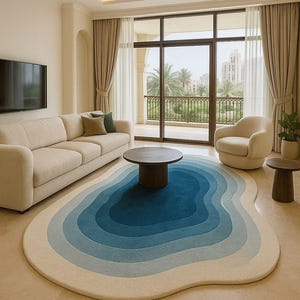 Handmade Tufted Modern Irregular Shape Rug Beige, Blue & Multi Shades Abstract Wool Area Rug for Living Room Bedroom Office Custom Size 8x10