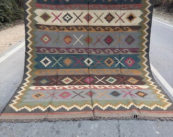 Alfombra Kilim tejida a mano: alfombra tribal grande, alfombra de lana de tejido plano con diseño geométrico bohemio, alfombra decorativa estilo suroeste, alfombra bohemia para sala de estar.