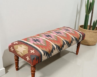 Tribal Kilim Upholstered Bench • Handmade Boho Entryway Bench • Rustic Wool Ottoman Seat • Vintage Southwestern Furniture • Wooden Leg Bench