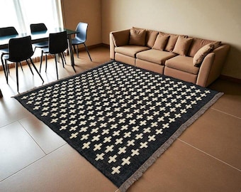 Black White Kilim Rug, Handwoven Wool Flatweave Area Rug, Modern Geometric Cross Pattern Rug, Scandinavian Home Decor