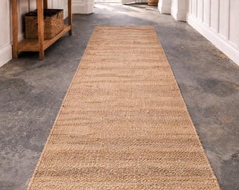 Hand Loomed Natural Jute Hemp Stair Runner, hemp Jute Runner, Large Area Jute Rug, Custom Size Hallway Runner 2.6x18 Ft