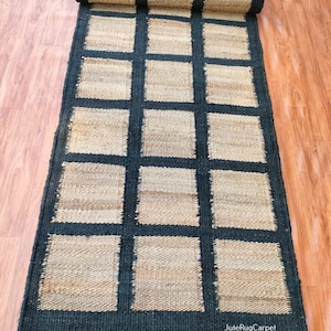 Handwoven Black Striped Hemp Jute Runner: Indian Solid Jute Dhurrie Rug