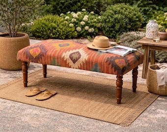 Kilim Ottoman Bench | Handmade Upholstered Kilim Footstool | Tribal Boho Wooden Leg Bench | Vintage Style Kilim Furniture