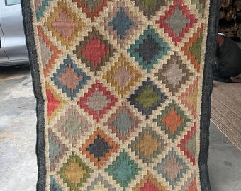 Handmade Kilim Rug – Geometric Diamond Pattern Wool Area Rug, Boho Tribal Carpet, Multicolor Ethnic Home Decor Wool Jute Kilim Rug