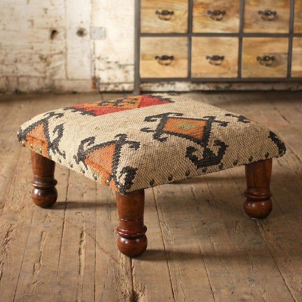Turkish Kilim Footstool Ottoman – Handmade Kilim Stool, Boho Foot Rest, Vintage Kilim Ottoman Stool, Small Decorative Footstool Home Decor
