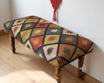 Handwoven Kilim Fabric Bench- Vintage Kilim Pattern Bench – Bohemian Upholstered Footstool with Wooden Legs- Kilim Fabric Wooden Stool