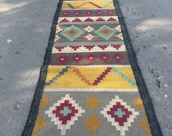 Handwoven Kilim Runner Rug, Green Tribal Wool Hallway Runner, Flat Weave Geometric Boho Rug, Vintage Style Carpet