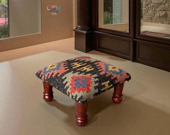 Kilim Ottoman Stool | Handwoven Wool Jute Footstool | Boho Tribal Accent Furniture | Multi-Color Geometric Pouf Stool | Upholstered Ottoman