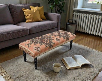 Vintage Kilim Upholstered Bench • Boho Ottoman Seating • Handmade Tribal Pattern Entryway Bench • Rustic Home Decor • Bedroom Footstool