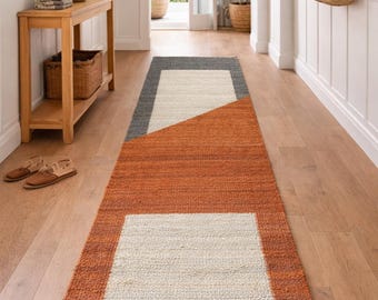 Modern Hallway Runner Rug, Rust Geometric Carpet, Scandinavian Style Flatweave Rug, Contemporary Entryway Decor