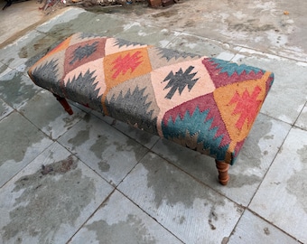 Kilim Ottoman Bench | Handmade Tribal Upholstered Bench | Boho Southwestern Kilim Footstool | Vintage Kilim Furniture | Accent Bench