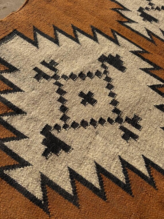 Handwoven Kilim Area Rug, Southwestern Geometric Wool Rug, Boho Tribal Rustic Home Decor Carpet