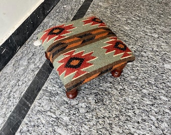 Handmade Kilim Wooden Footstool, Vintage Wool Ottoman, Boho Accent Stool, Rustic Home Decor