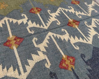 Handwoven Kilim Rug, Wool Jute Flatweave Geometric Area Rug, Modern Boho Tribal Rug, Eco Friendly Living Room Decor