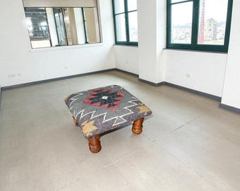 Kilim Ottoman Footstool | Boho Upholstered Pouf Stool | Handmade Wooden Leg Ottoman | Tribal Kilim Bench | Rustic Living Room Accent