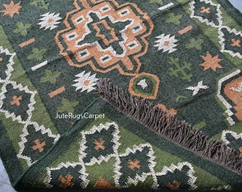 Green Kilim Area Rug, Boho Southwestern Carpet, Handwoven Tribal Living Room Rug, Farmhouse Bedroom Floor Decor