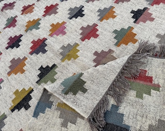 Handwoven Kilim Rug, Wool Jute Flatweave Geometric Area Rug, Modern Boho Tribal Rug, Handmade Eco Friendly Home Decor