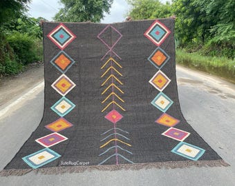 Black Kilim Rug | Handwoven Wool Jute Area Rug | Geometric Diamond Tribal Carpet | Boho Modern Floor Rug | Large Dark Kilim | Handmade Decor