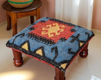 Handcrafted Acacia Wood Pouf | Low Kilim Upholstered Footstool Ottoman | Traditional Wool Jute Accent for Living Room Decorative Home Decor