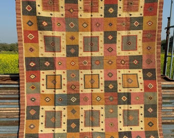 Handwoven Wool Jute Kilim Rug, Geometric Patchwork Area Rug, Flat Weave Boho Tribal Carpet, Rustic Modern Home Decor