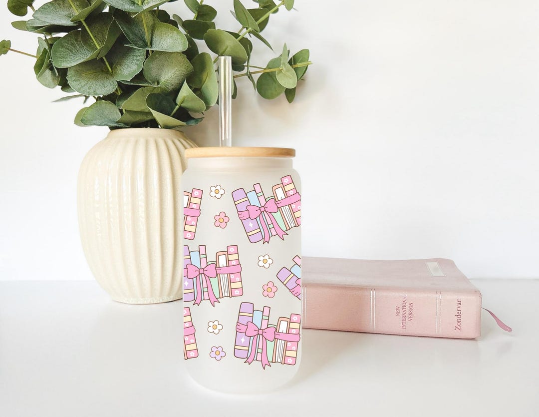 Pastel Book Stack Glass Tumbler, Kawaii Reading Gift, 16oz Iced Coffee ...