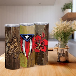 Puerto Rico Flag Woodgrain Tumbler, 20oz Insulated Tumbler, Puerto Rican Pride, Vintage Flag Cup, Taino Symbol and Hibiscus Flower
