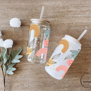 Boho Rainbow Glass Cup: Abstract Floral Iced Coffee Tumbler, 16oz