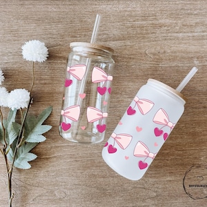 Aesthetic Bow Hearts Tumbler with Bamboo Lid & Straw | Girly Drinkware | Pink Love Design | 16oz Clear or Frosted Glass