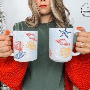 Seashell Mug, Ocean Themed Coffee Cup, Beach Lover Gift, Starfish and Shells Mug, Coastal Drinkware, Available in 11oz and 15oz