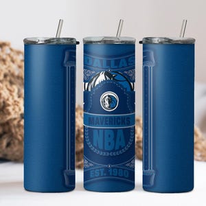 Dallas Basketball 20oz Skinny Tumbler, Vintage Ticket & Electric Blue Burst Designs, Insulated Travel Cup
