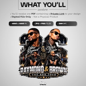High-resolution 300 DPI digital PNG file of a vintage bootleg style Usher and Chris Brown R&B Tour 2026 concert design, featuring metallic gold chrome lettering, night skyline background, and 90s streetwear graphics.