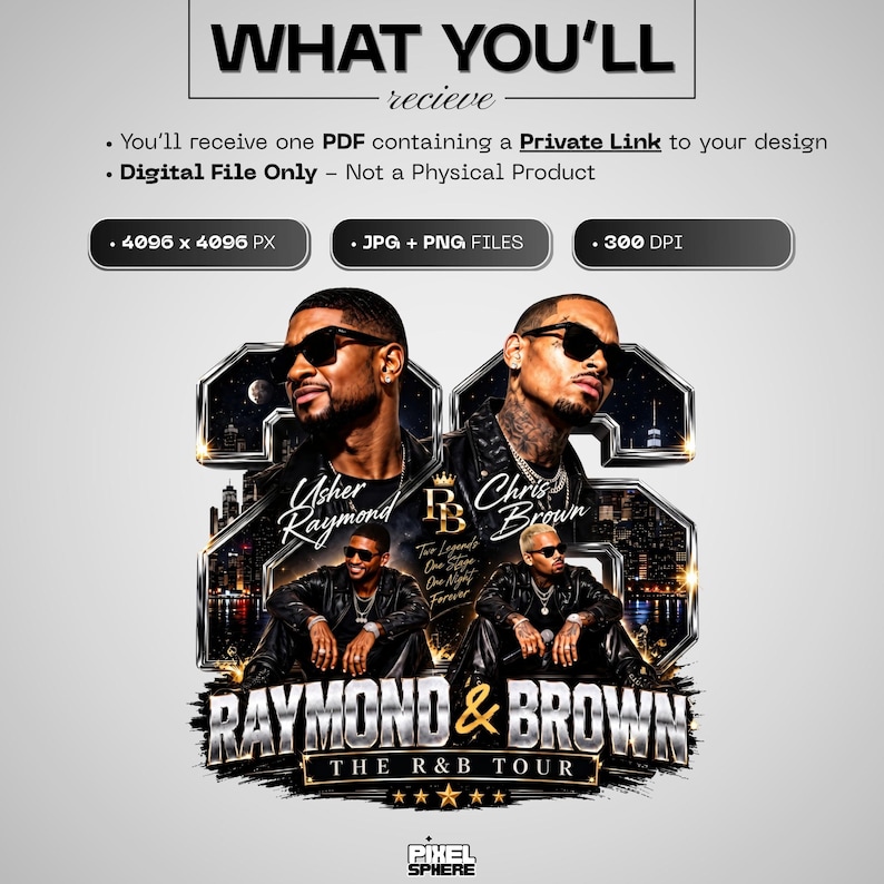 High-resolution 300 DPI digital PNG file of a vintage bootleg style Usher and Chris Brown R&B Tour 2026 concert design, featuring metallic gold chrome lettering, night skyline background, and 90s streetwear graphics.