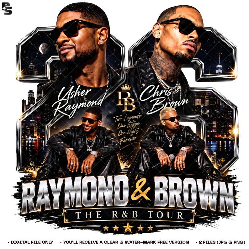 High-resolution 300 DPI digital PNG file of a vintage bootleg style Usher and Chris Brown R&B Tour 2026 concert design, featuring metallic gold chrome lettering, night skyline background, and 90s streetwear graphics.