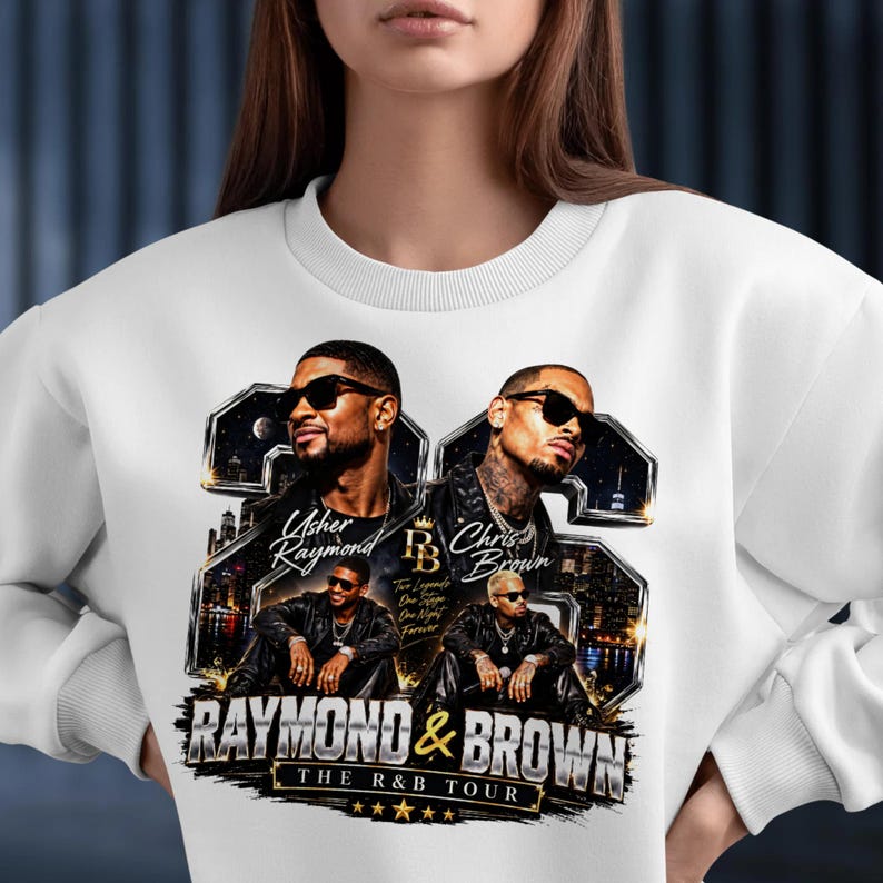 Front close-up view of a female model wearing a white crewneck sweatshirt mockup, featuring the 90s style Usher Raymond and Chris Brown hip hop concert digital PNG design.