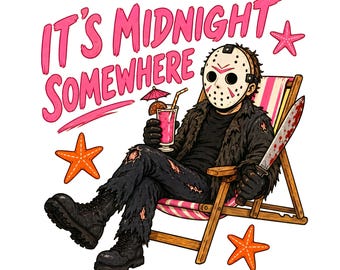 It's Midnight Somewhere PNG, Summerween Jason Voorhees Sublimation, Spooky Summer Beach Slasher, Funny Halloween Shirt Design