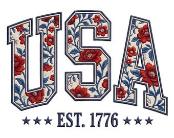 Faux Embroidery USA PNG Sublimation Design, Floral Patriotic Patch Digital Download, Vintage Americana 4th of July Shirt Design,Est 1776 PNG