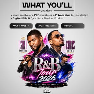 May include: A digital promotional flyer for an R&B Tour 2026 featuring Usher Raymond and Chris Brown. The graphic includes portraits of both artists, stylised text, and vibrant pink and blue brushstroke accents on a light grey background.