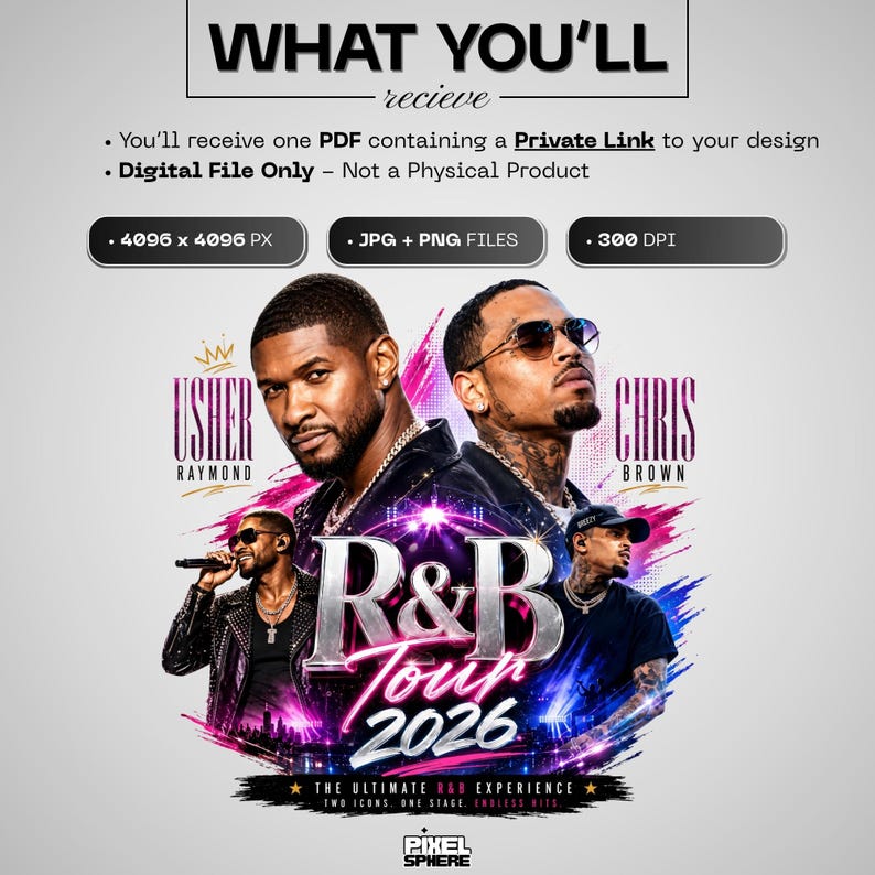 May include: A digital promotional flyer for an R&B Tour 2026 featuring Usher Raymond and Chris Brown. The graphic includes portraits of both artists, stylised text, and vibrant pink and blue brushstroke accents on a light grey background.