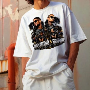 High-resolution 300 DPI digital PNG file of a vintage bootleg style Usher and Chris Brown R&B Tour 2026 concert design, featuring metallic gold chrome lettering, night skyline background, and 90s streetwear graphics.