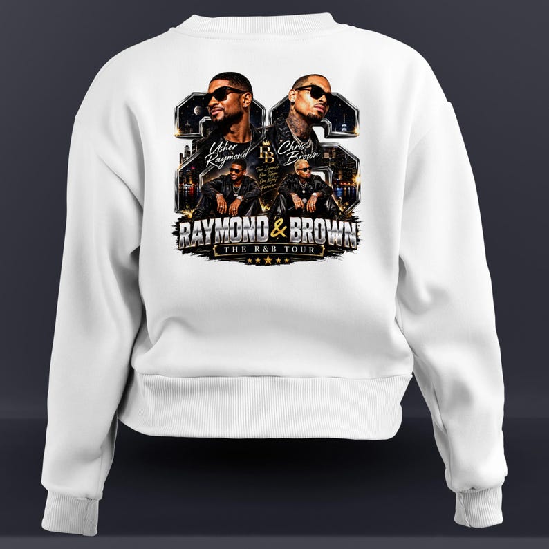 Clean ghost mannequin style mockup of a white crewneck sweatshirt featuring the centered vintage bootleg Usher and Chris Brown R&B Legends concert graphic.
