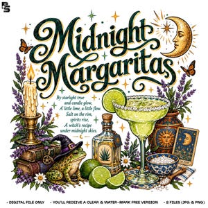 May include: A digital illustration featuring the text Midnight Margaritas with a crescent moon, a lit candle on books, a frog wearing a witch hat, a margarita glass with a lime slice, a bottle, a bowl of salt, and a tarot card with lavender.