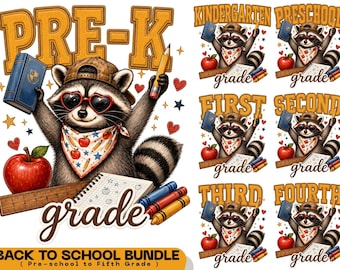 Retro Back To School Raccoon PNG Bundle, Pre-K to 5th Grade Sublimation, First Day of School Digital Download, Funny Kids School Supplies