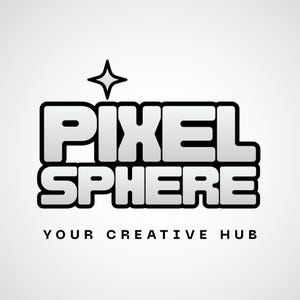 Pixel Sphere shop logo graphic featuring bold typography, a modern star icon, and the tagline "Your Creative Hub".