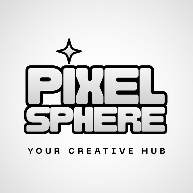Pixel Sphere shop logo graphic featuring bold typography, a modern star icon, and the tagline "Your Creative Hub".
